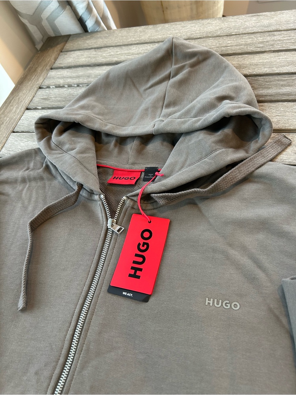 HUGO Men's Taupe Zip Hoodie with Red Tag